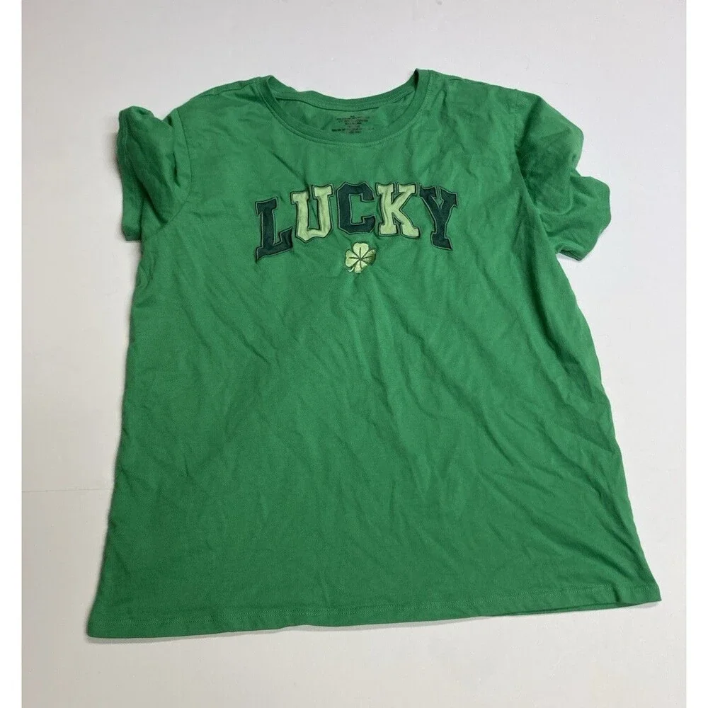 Women's Green Lucky Shamrock Graphic Embroidered Round Neck Knit T-Shirt M